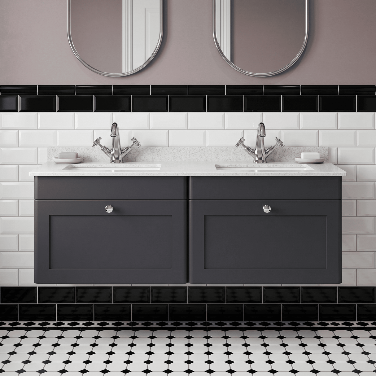 [BFCL1494WS2] Swynnerton Traditional 2 Drawer Wall Hung Vanity Basin Unit with Double 1 Tap Hole White Marble Worktop and Square Basin, 1200mm, Choice of Colour - Silo