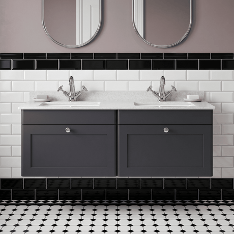 [BFCL1494WS2] Swynnerton Traditional 2 Drawer Wall Hung Vanity Basin Unit with Double 1 Tap Hole White Marble Worktop and Square Basin, 1200mm, Choice of Colour - Silo