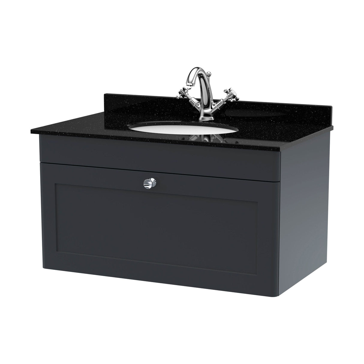 [BFCL1496BR1] Swynnerton Traditional 1 Drawer Wall Hung Vanity Unit with Black Marble Worktop and 1 Tap Hole Basin, Choice of Size and Colour - Cutout