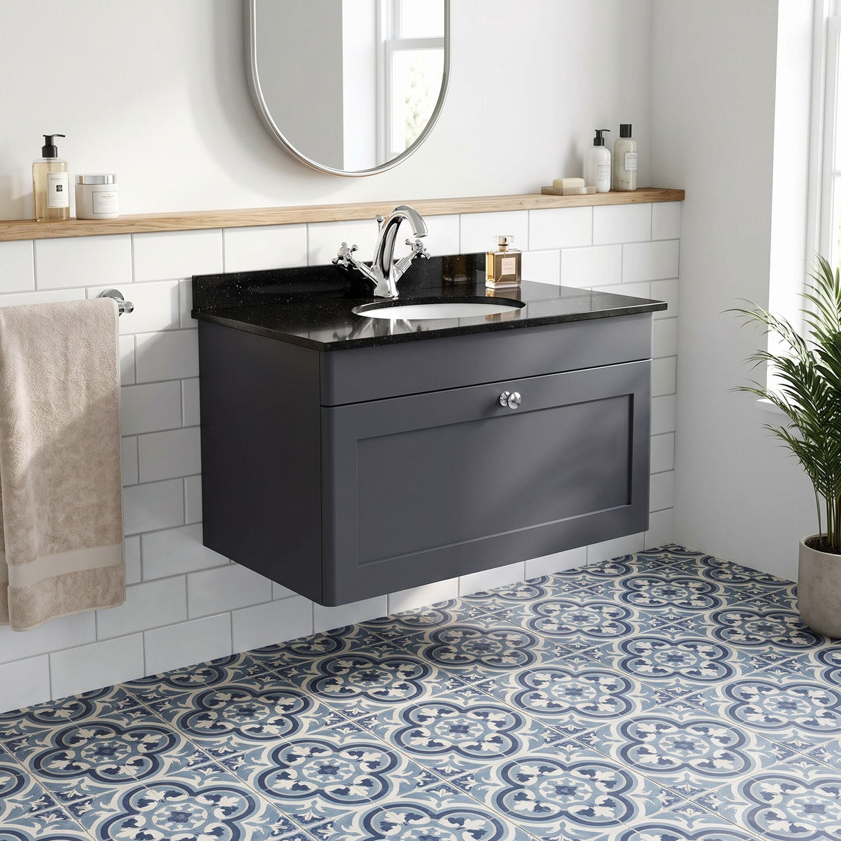 [BFCL1496BR1] Swynnerton Traditional 1 Drawer Wall Hung Vanity Unit with Black Marble Worktop and 1 Tap Hole Basin, Choice of Size and Colour