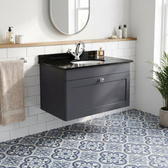 [BFCL1496BR1] Swynnerton Traditional 1 Drawer Wall Hung Vanity Unit with Black Marble Worktop and 1 Tap Hole Basin, Choice of Size and Colour