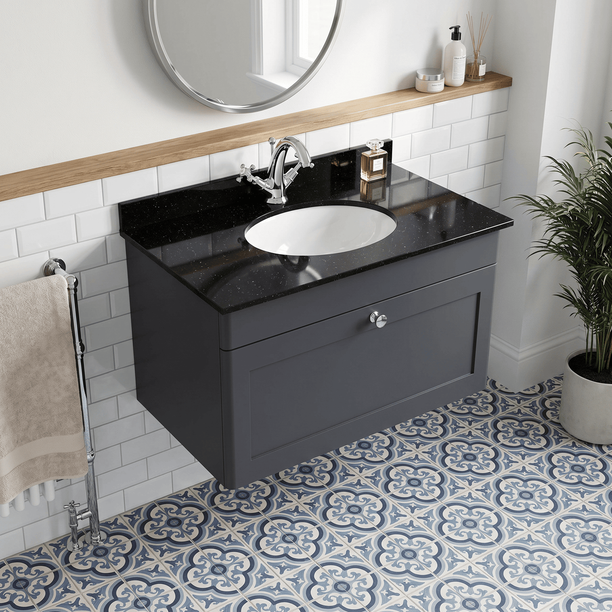 [BFCL1496BR1] Swynnerton Traditional 1 Drawer Wall Hung Vanity Unit with Black Marble Worktop and 1 Tap Hole Basin, Choice of Size and Colour