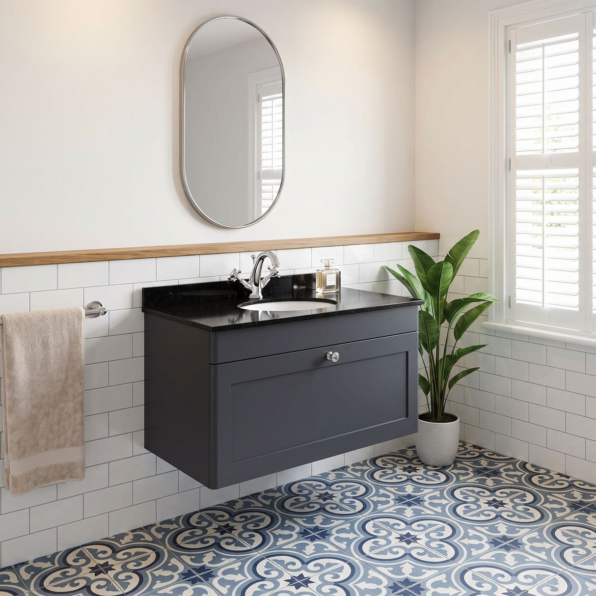 [BFCL1496BR1] Swynnerton Traditional 1 Drawer Wall Hung Vanity Unit with Black Marble Worktop and 1 Tap Hole Basin, Choice of Size and Colour