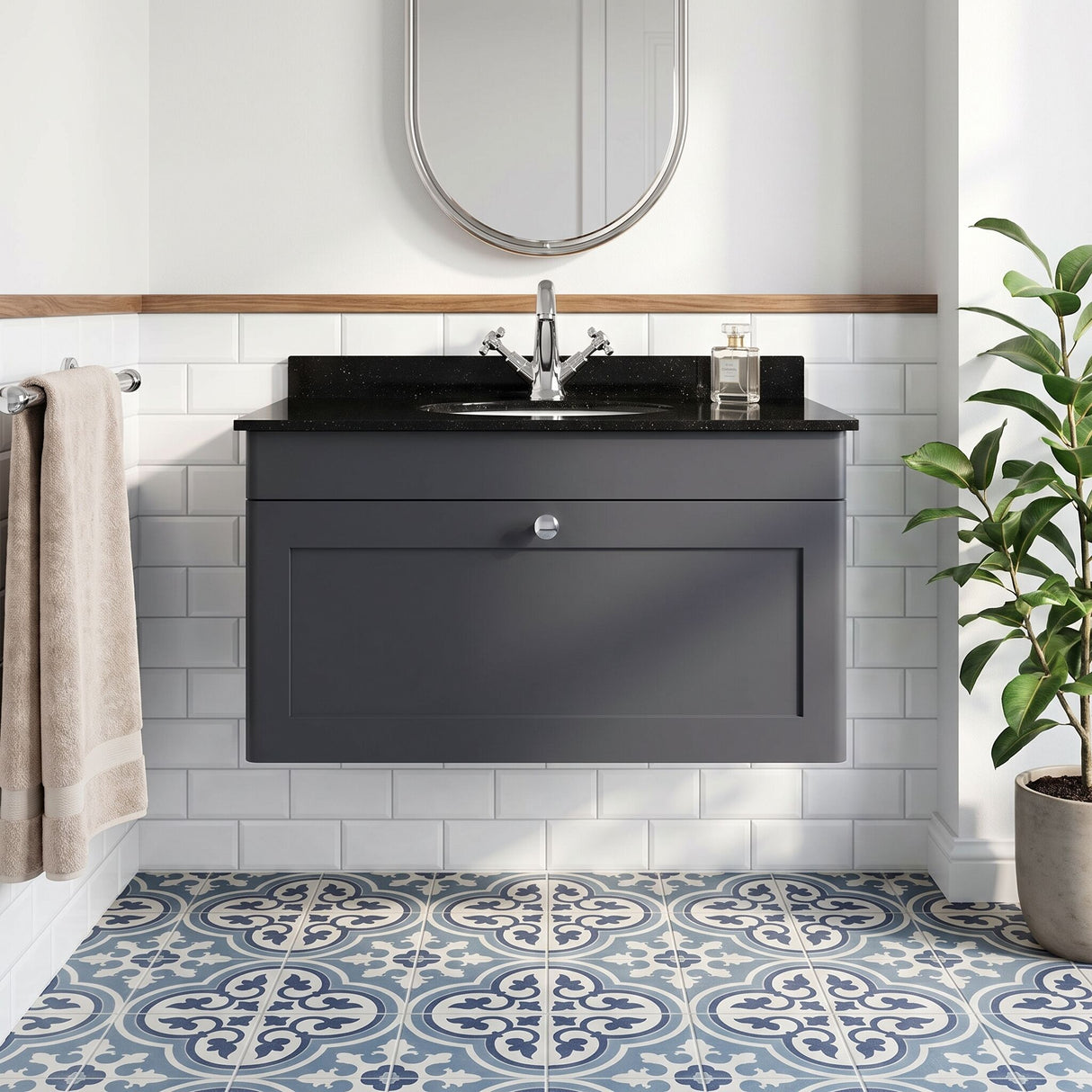 [BFCL1496BR1] Swynnerton Traditional 1 Drawer Wall Hung Vanity Unit with Black Marble Worktop and 1 Tap Hole Basin, Choice of Size and Colour - Silo