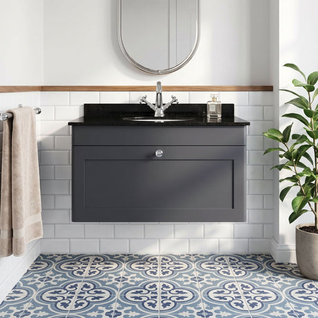 [BFCL1496BR1] Swynnerton Traditional 1 Drawer Wall Hung Vanity Unit with Black Marble Worktop and 1 Tap Hole Basin, Choice of Size and Colour - Silo