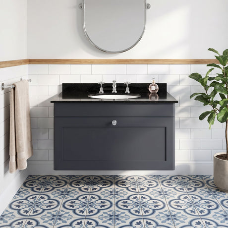 [BFCL1496BR3] Swynnerton Traditional 1 Drawer Wall Hung Vanity Unit with Marble Basin - Choice of Size and Colour - Silo