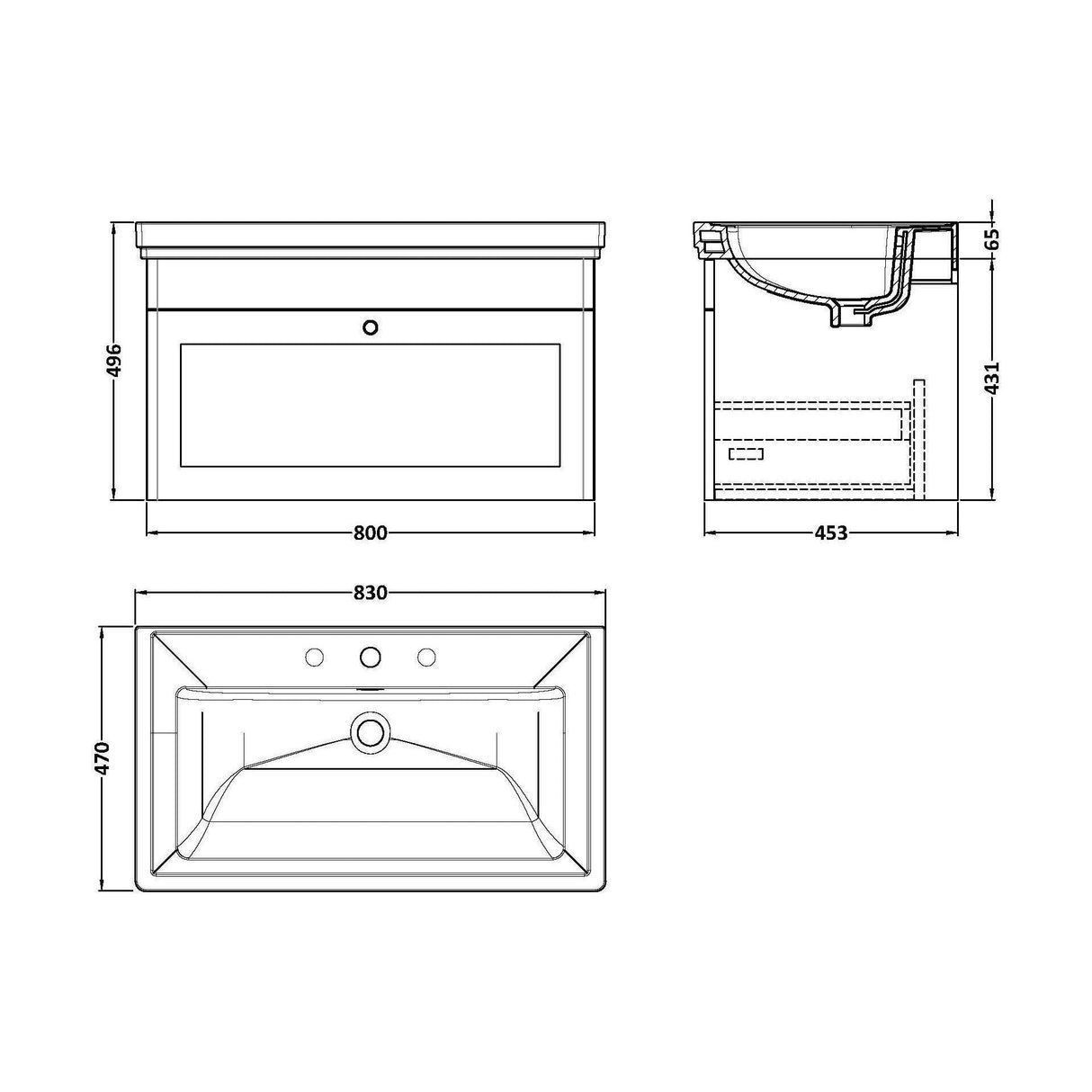 [BFCL1496B] Swynnerton Traditional 1 Drawer Wall Hung Vanity Basin Unit with 3 Tap Hole Traditional Fireclay Basin, Choice of Size and Colour - Technical Drawing