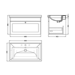 [BFCL1496B] Swynnerton Traditional 1 Drawer Wall Hung Vanity Basin Unit with 3 Tap Hole Traditional Fireclay Basin, Choice of Size and Colour - Technical Drawing