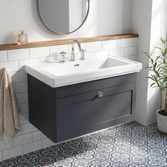 [BFCL1496B] Swynnerton Traditional 1 Drawer Wall Hung Vanity Basin Unit with 3 Tap Hole Traditional Fireclay Basin, Choice of Size and Colour