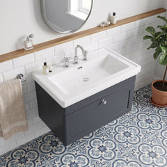 [BFCL1496B] Swynnerton Traditional 1 Drawer Wall Hung Vanity Basin Unit with 3 Tap Hole Traditional Fireclay Basin, Choice of Size and Colour