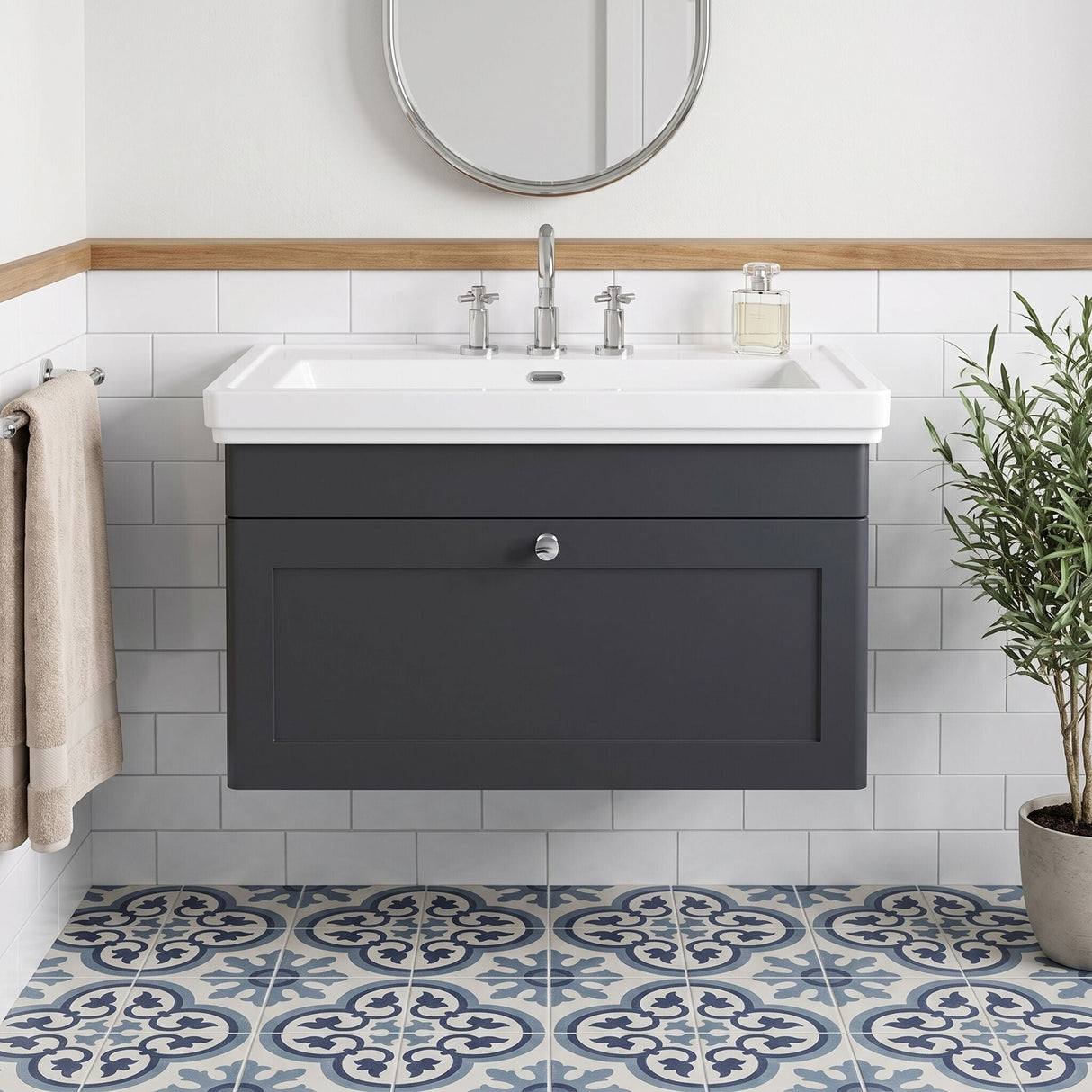 [BFCL1496B] Swynnerton Traditional 1 Drawer Wall Hung Vanity Basin Unit with 3 Tap Hole Traditional Fireclay Basin, Choice of Size and Colour - Silo