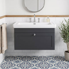 [BFCL1496B] Swynnerton Traditional 1 Drawer Wall Hung Vanity Basin Unit with 3 Tap Hole Traditional Fireclay Basin, Choice of Size and Colour - Silo