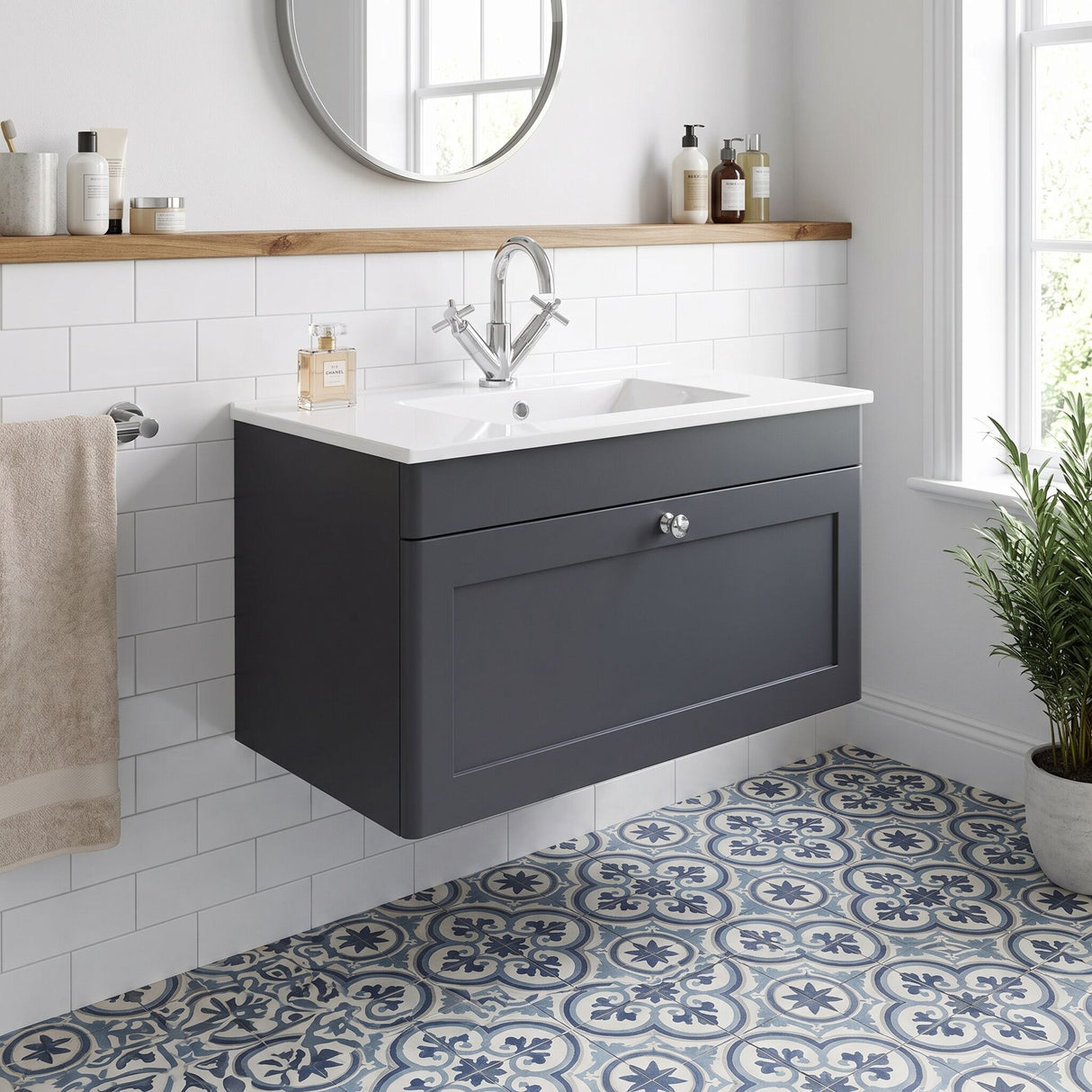 [BFCL1496C] Swynnerton Traditional 1 Drawer Wall Hung Vanity Basin Unit with 1 Tap Hole Minimalist Ceramic Basin, Choice of Size and Colour