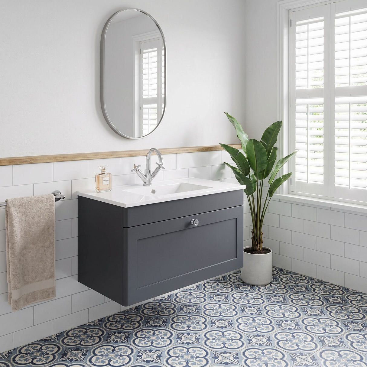 [BFCL1496C] Swynnerton Traditional 1 Drawer Wall Hung Vanity Basin Unit with 1 Tap Hole Minimalist Ceramic Basin, Choice of Size and Colour
