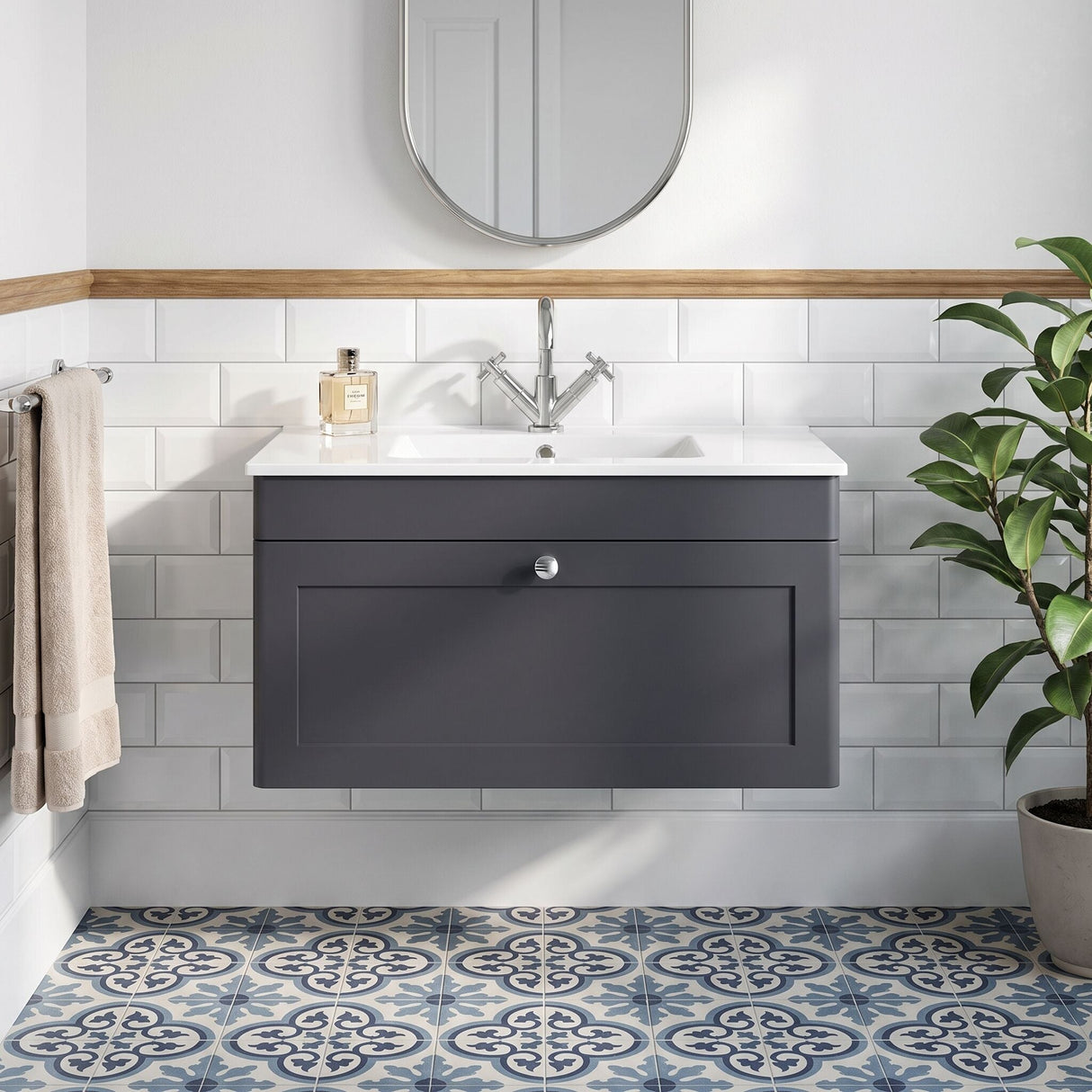 [BFCL1496C] Swynnerton Traditional 1 Drawer Wall Hung Vanity Basin Unit with 1 Tap Hole Minimalist Ceramic Basin, Choice of Size and Colour - Silo