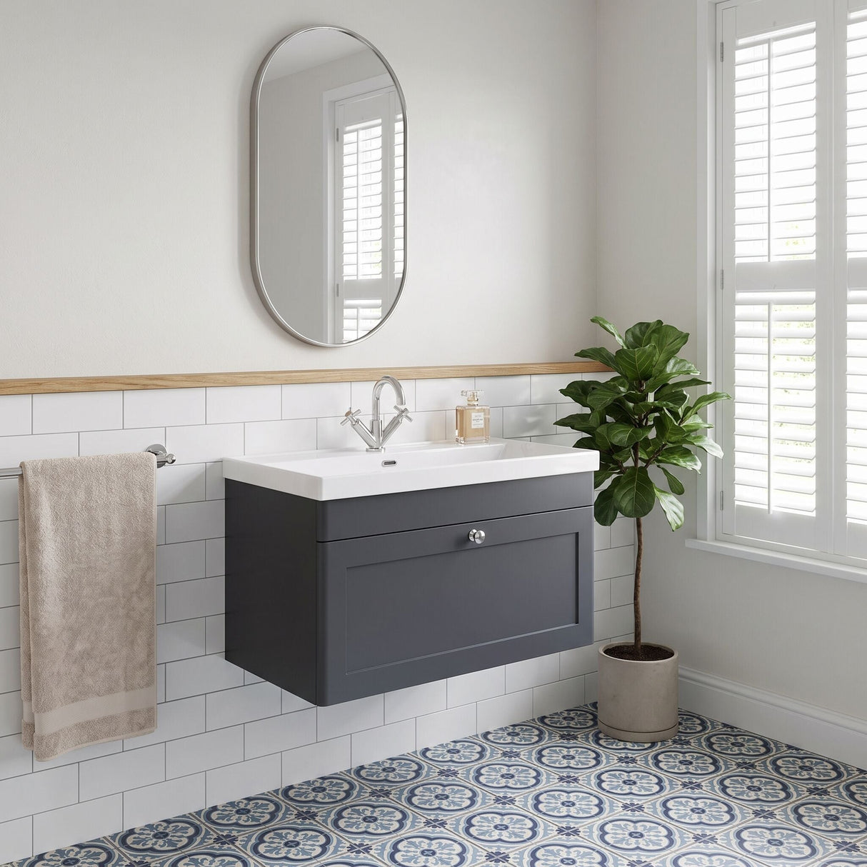 [BFCL1496E] Swynnerton Traditional 1 Drawer Wall Hung Vanity Unit with Thin Edge Basin, Choice of Size and Colour
