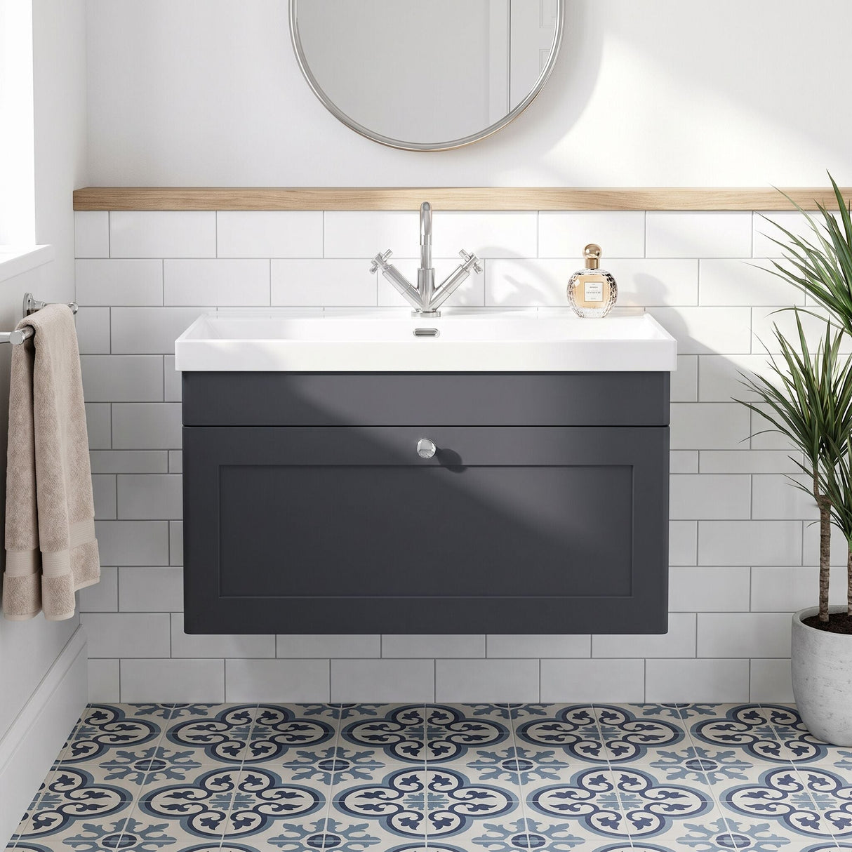 [BFCL1496E] Swynnerton Traditional 1 Drawer Wall Hung Vanity Unit with Thin Edge Basin, Choice of Size and Colour - Silo