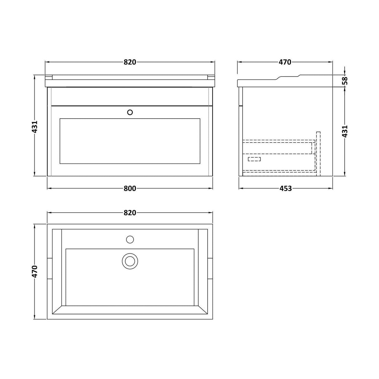 [BFCL1496F] Swynnerton Traditional 1 Drawer Wall Hung Vanity Basin Unit with 1 Tap Hole Traditional Ceramic Basin, Choice of Size and Colour - Technical Drawing