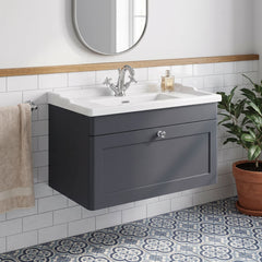 [BFCL1496F] Swynnerton Traditional 1 Drawer Wall Hung Vanity Basin Unit with 1 Tap Hole Traditional Ceramic Basin, Choice of Size and Colour