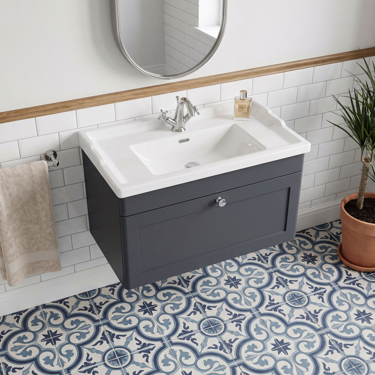[BFCL1496F] Swynnerton Traditional 1 Drawer Wall Hung Vanity Basin Unit with 1 Tap Hole Traditional Ceramic Basin, Choice of Size and Colour