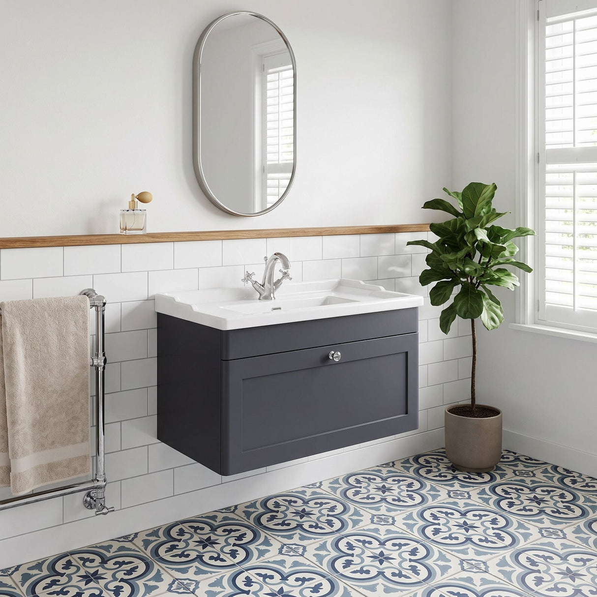 [BFCL1496F] Swynnerton Traditional 1 Drawer Wall Hung Vanity Basin Unit with 1 Tap Hole Traditional Ceramic Basin, Choice of Size and Colour