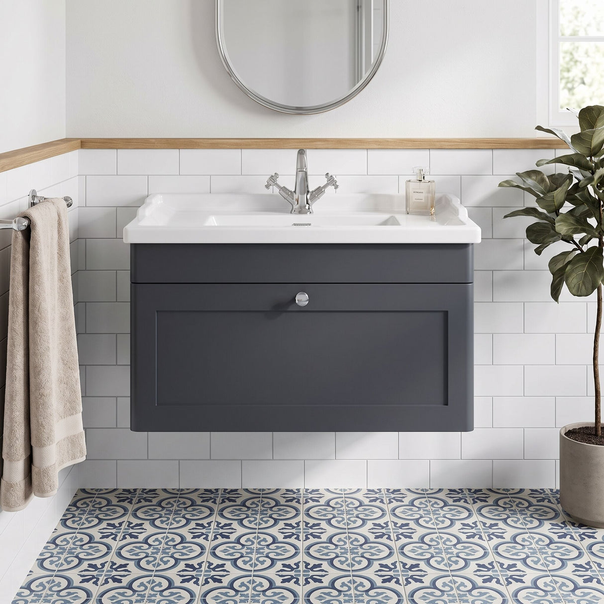 [BFCL1496F] Swynnerton Traditional 1 Drawer Wall Hung Vanity Basin Unit with 1 Tap Hole Traditional Ceramic Basin, Choice of Size and Colour - Silo