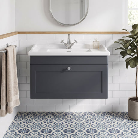 [BFCL1496F] Swynnerton Traditional 1 Drawer Wall Hung Vanity Basin Unit with 1 Tap Hole Traditional Ceramic Basin, Choice of Size and Colour - Silo