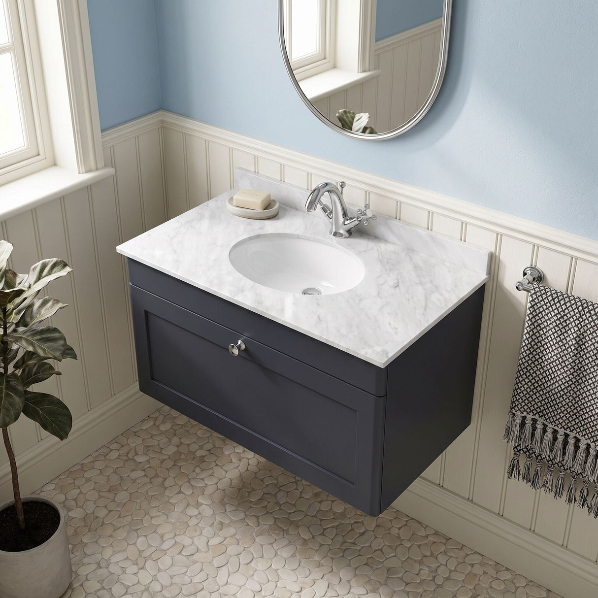 [BFCL1496GR1] Swynnerton Traditional 1 Drawer Wall Hung Vanity Unit with Grey Marble Worktop and 1 Tap Hole Basin, Choice of Size and Colour