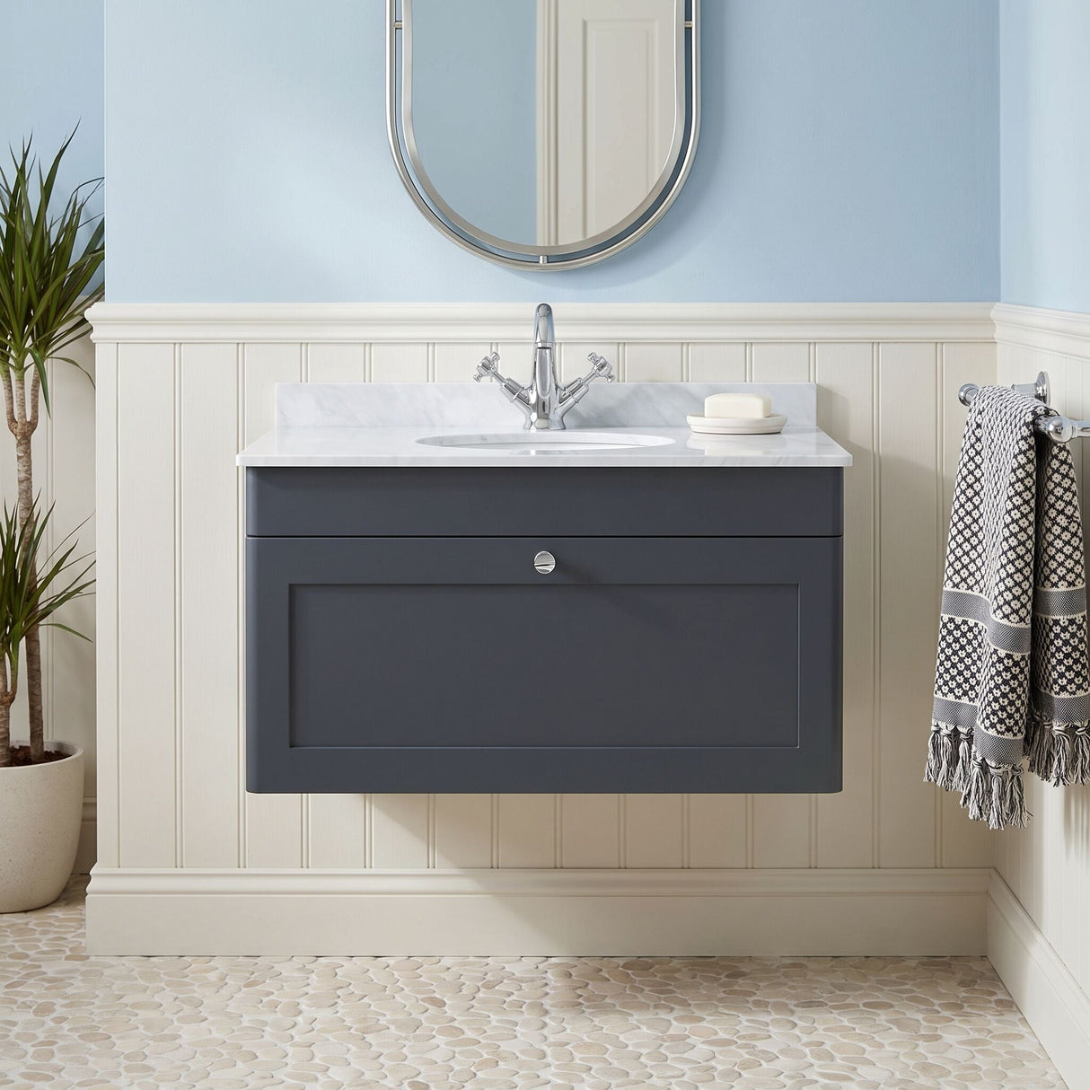 [BFCL1496GR1] Swynnerton Traditional 1 Drawer Wall Hung Vanity Unit with Grey Marble Worktop and 1 Tap Hole Basin, Choice of Size and Colour - Silo