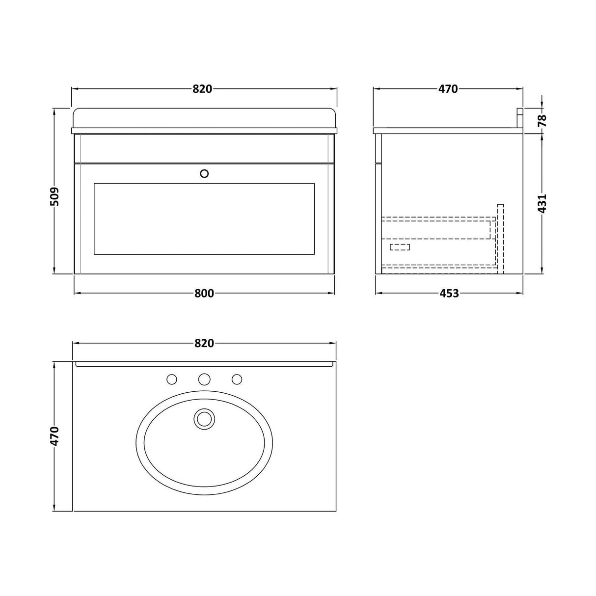 [BFCL1496GR3] Swynnerton Traditional 1 Drawer Wall Hung Vanity Basin Unit with 3 Tap Hole Grey Marble Top Basin, Choice of Size and Colour - Technical Drawing