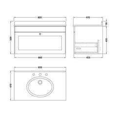 [BFCL1496GR3] Swynnerton Traditional 1 Drawer Wall Hung Vanity Basin Unit with 3 Tap Hole Grey Marble Top Basin, Choice of Size and Colour - Technical Drawing