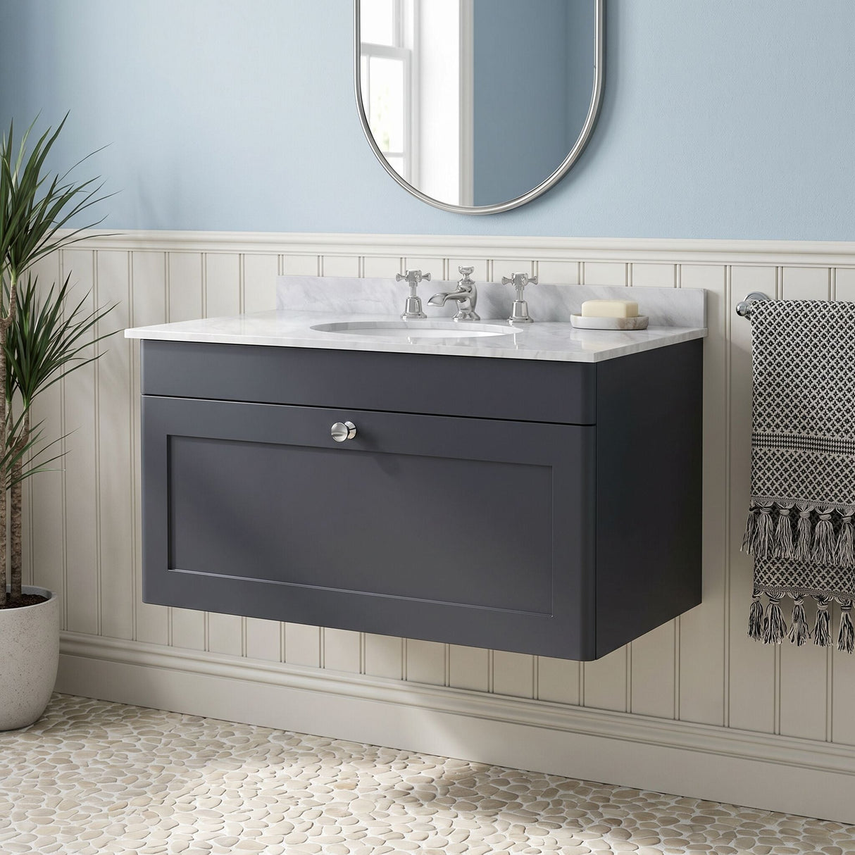 [BFCL1496GR3] Swynnerton Traditional 1 Drawer Wall Hung Vanity Basin Unit with 3 Tap Hole Grey Marble Top Basin, Choice of Size and Colour