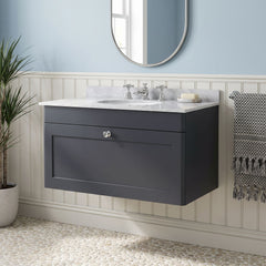 [BFCL1496GR3] Swynnerton Traditional 1 Drawer Wall Hung Vanity Basin Unit with 3 Tap Hole Grey Marble Top Basin, Choice of Size and Colour