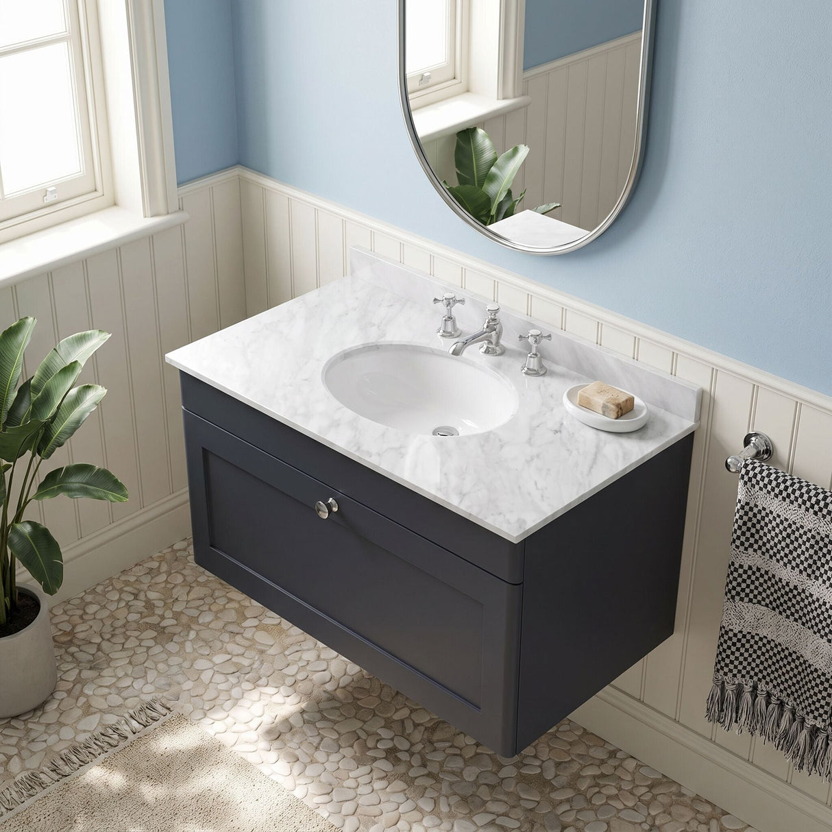 [BFCL1496GR3] Swynnerton Traditional 1 Drawer Wall Hung Vanity Basin Unit with 3 Tap Hole Grey Marble Top Basin, Choice of Size and Colour