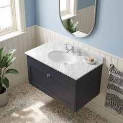 [BFCL1496GR3] Swynnerton Traditional 1 Drawer Wall Hung Vanity Basin Unit with 3 Tap Hole Grey Marble Top Basin, Choice of Size and Colour