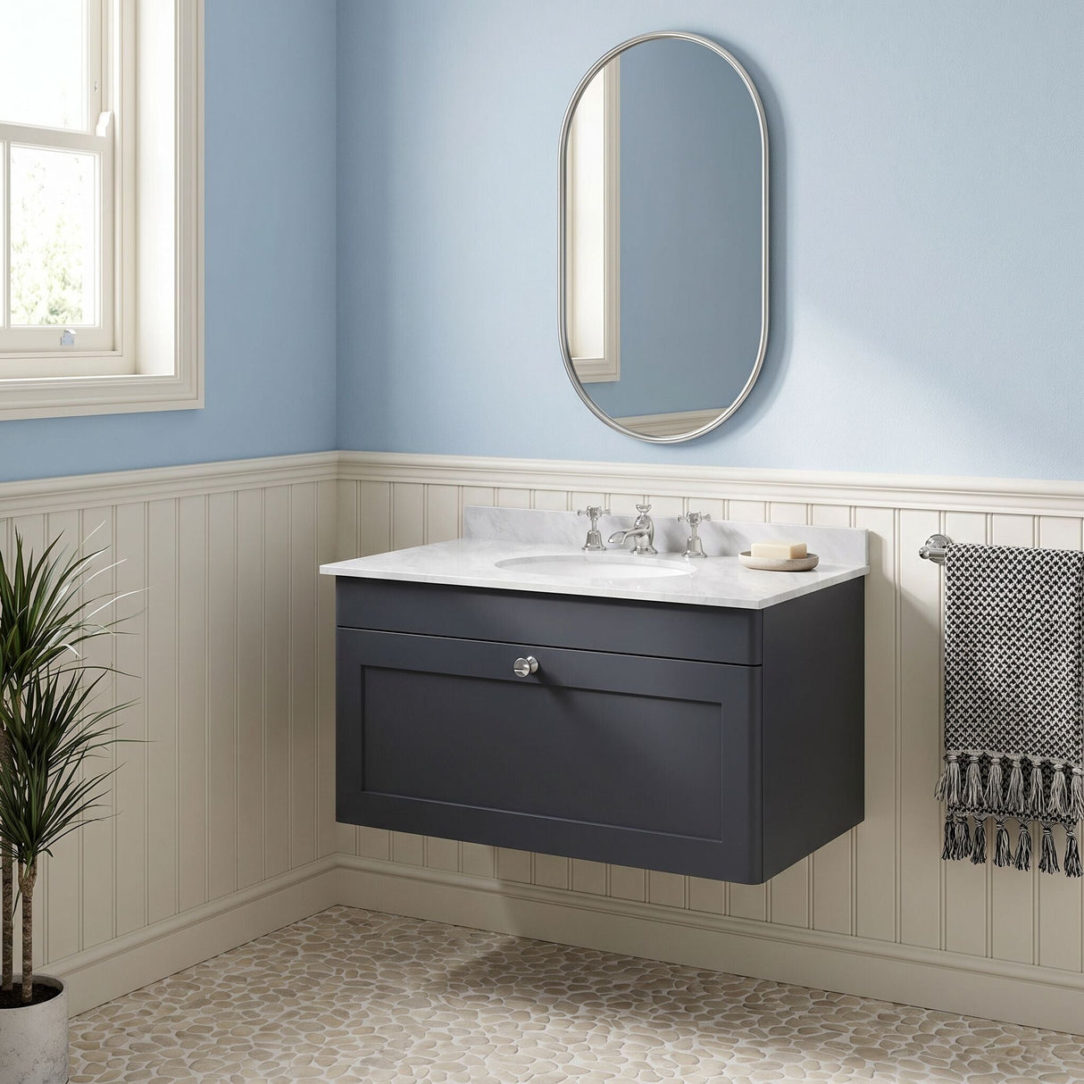 [BFCL1496GR3] Swynnerton Traditional 1 Drawer Wall Hung Vanity Basin Unit with 3 Tap Hole Grey Marble Top Basin, Choice of Size and Colour