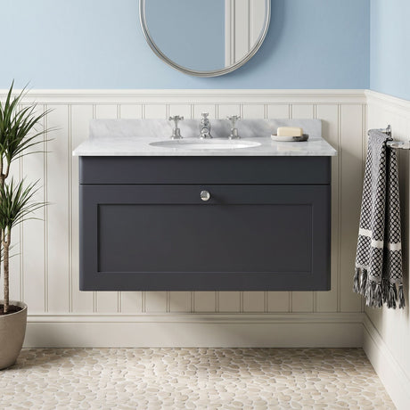 [BFCL1496GR3] Swynnerton Traditional 1 Drawer Wall Hung Vanity Basin Unit with 3 Tap Hole Grey Marble Top Basin, Choice of Size and Colour - Silo