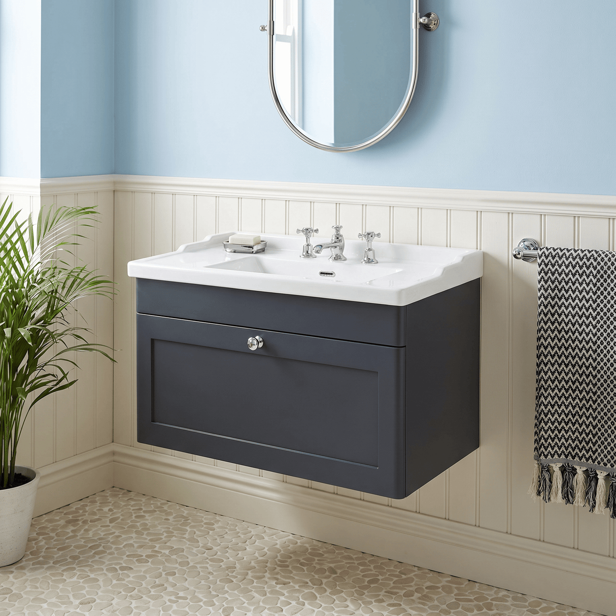 [BFCL1496G] Swynnerton Traditional 1 Drawer Wall Hung Vanity Basin Unit with 3 Tap Hole Traditional Ceramic Basin, Choice of Size and Colour