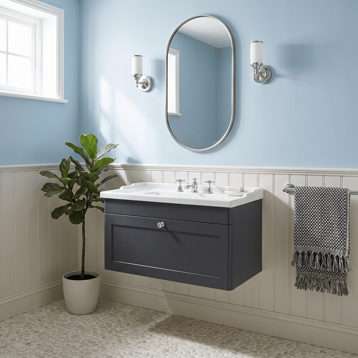 [BFCL1496G] Swynnerton Traditional 1 Drawer Wall Hung Vanity Basin Unit with 3 Tap Hole Traditional Ceramic Basin, Choice of Size and Colour