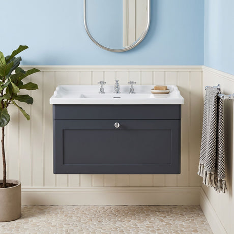 [BFCL1496G] Swynnerton Traditional 1 Drawer Wall Hung Vanity Basin Unit with 3 Tap Hole Traditional Ceramic Basin, Choice of Size and Colour - Silo