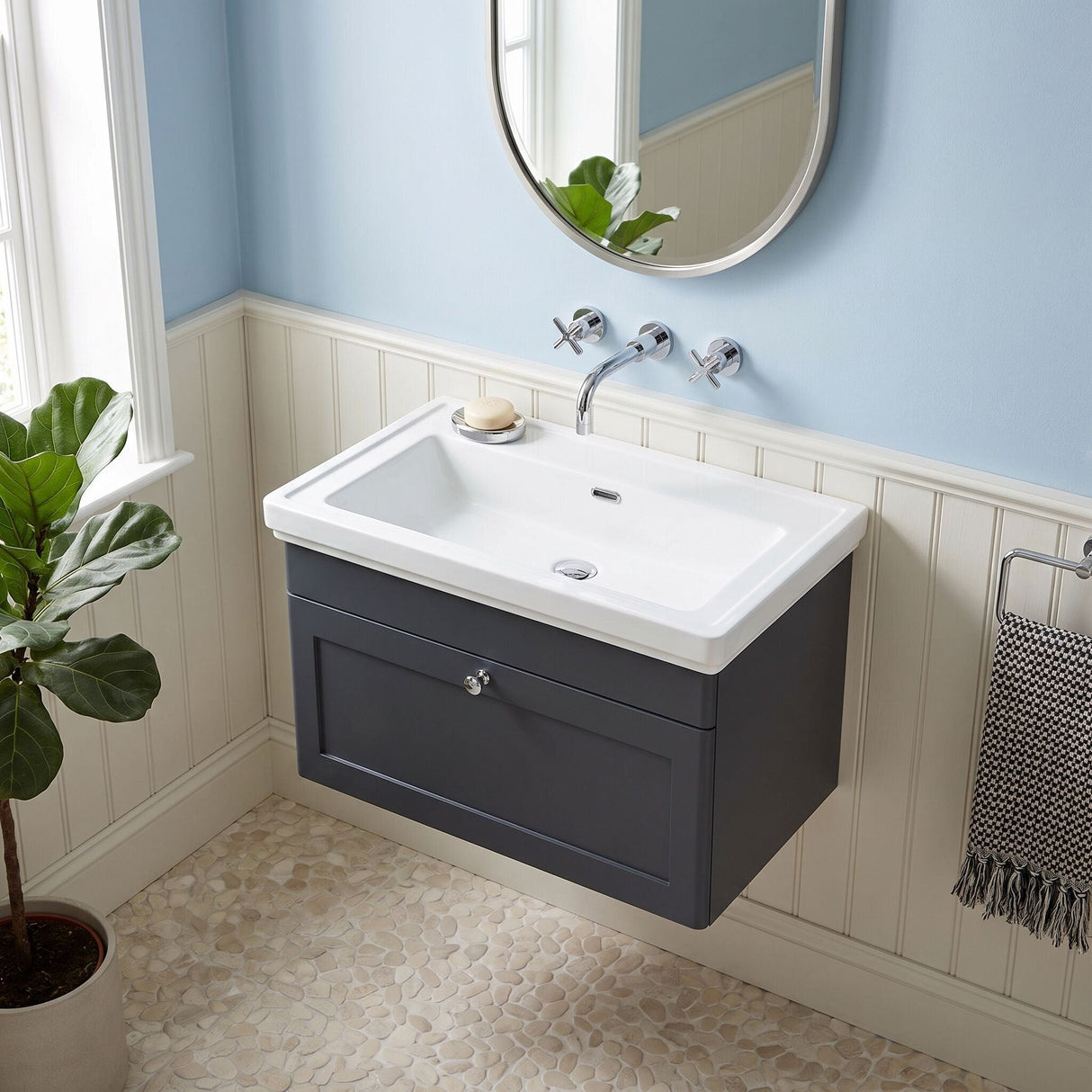 [BFCL1496H] Swynnerton Traditional 1 Drawer Wall Hung Vanity Unit with 0 Tap Hole Traditional Fireclay Basin, Choice of Size and Colour