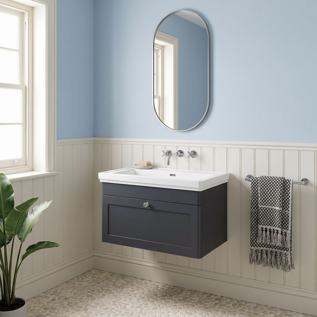 [BFCL1496H] Swynnerton Traditional 1 Drawer Wall Hung Vanity Unit with 0 Tap Hole Traditional Fireclay Basin, Choice of Size and Colour