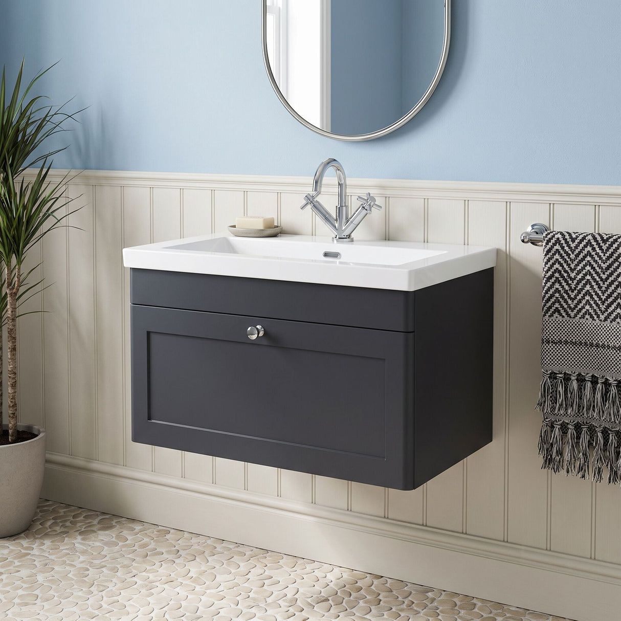 [BFCL1496L] Swynnerton Traditional 1 Drawer Wall Hung Vanity Basin Unit with 1 Tap Hole Modern Fireclay Basin, Choice of Size and Colour