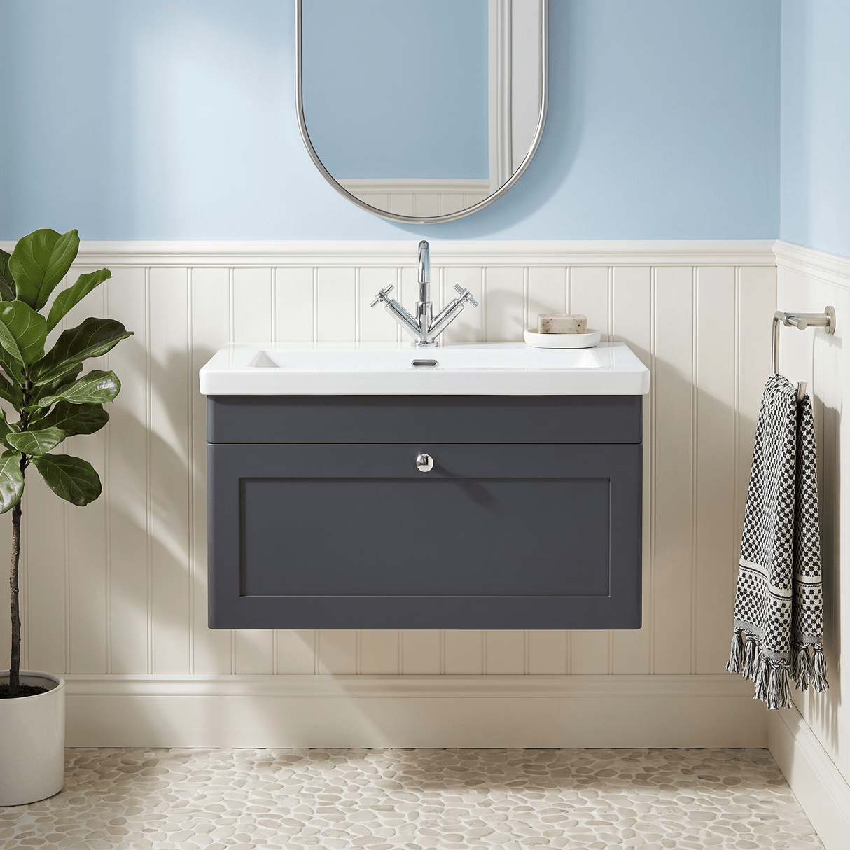 [BFCL1496L] Swynnerton Traditional 1 Drawer Wall Hung Vanity Basin Unit with 1 Tap Hole Modern Fireclay Basin, Choice of Size and Colour - Silo