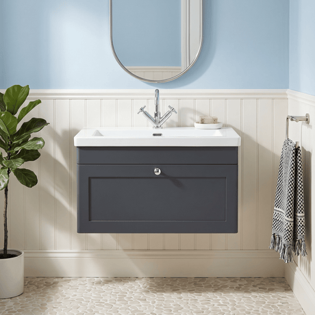 [BFCL1496L] Swynnerton Traditional 1 Drawer Wall Hung Vanity Basin Unit with 1 Tap Hole Modern Fireclay Basin, Choice of Size and Colour - Silo