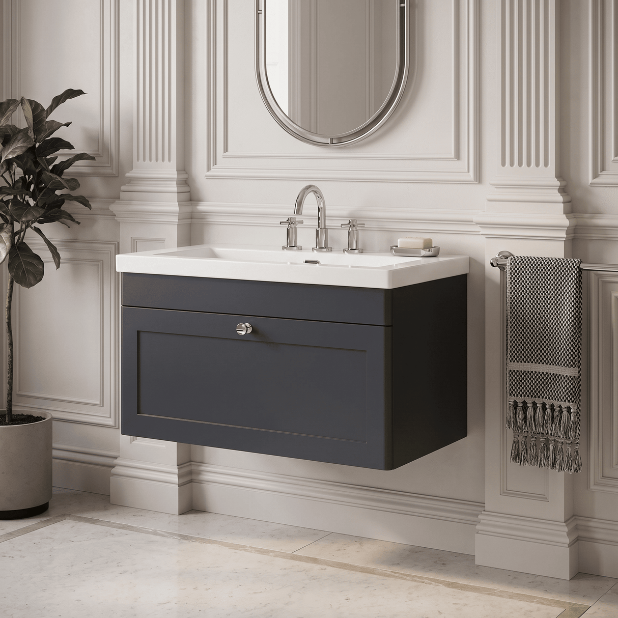 [BFCL1496M] Swynnerton Traditional 1 Drawer Wall Hung Vanity Basin Unit with 3 Tap Hole Modern Fireclay Basin, Choice of Size and Colour
