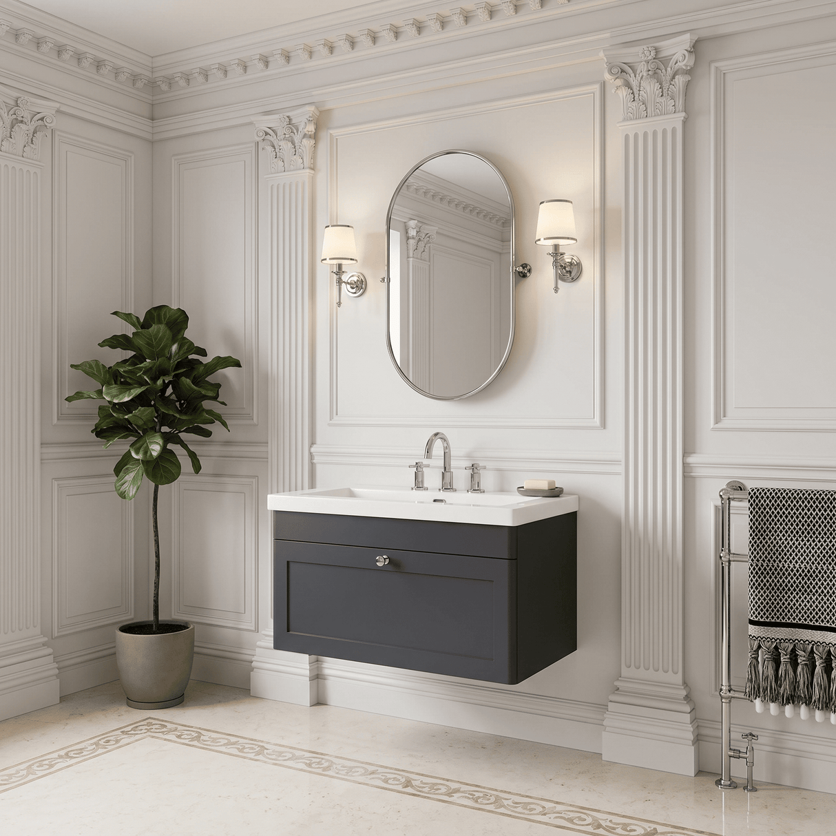 [BFCL1496M] Swynnerton Traditional 1 Drawer Wall Hung Vanity Basin Unit with 3 Tap Hole Modern Fireclay Basin, Choice of Size and Colour