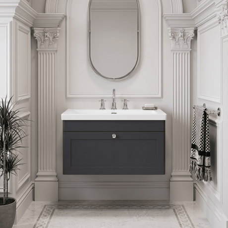 [BFCL1496M] Swynnerton Traditional 1 Drawer Wall Hung Vanity Basin Unit with 3 Tap Hole Modern Fireclay Basin, Choice of Size and Colour - Silo