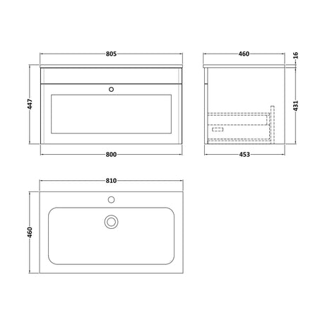 [BFCL1496P] Swynnerton Traditional 1 Drawer Wall Hung Vanity Unit with Stone Basin, Dark Grey, 800mm - Technical Drawing