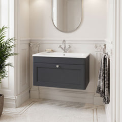 [BFCL1496P] Swynnerton Traditional 1 Drawer Wall Hung Vanity Basin Unit with 1 Tap Hole Stone Basin, Choice of Size and Colour